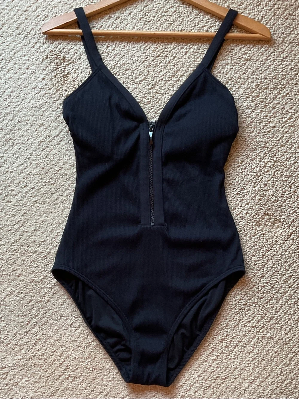 kate spade Black Ribbed One-Piece Swimsuit with Front Zip